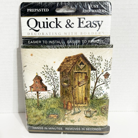 NWT Quick and Easy Prepasted Wallpaper Border Outhouses Pattern 5 Yards Made USA - Picture 1 of 7
